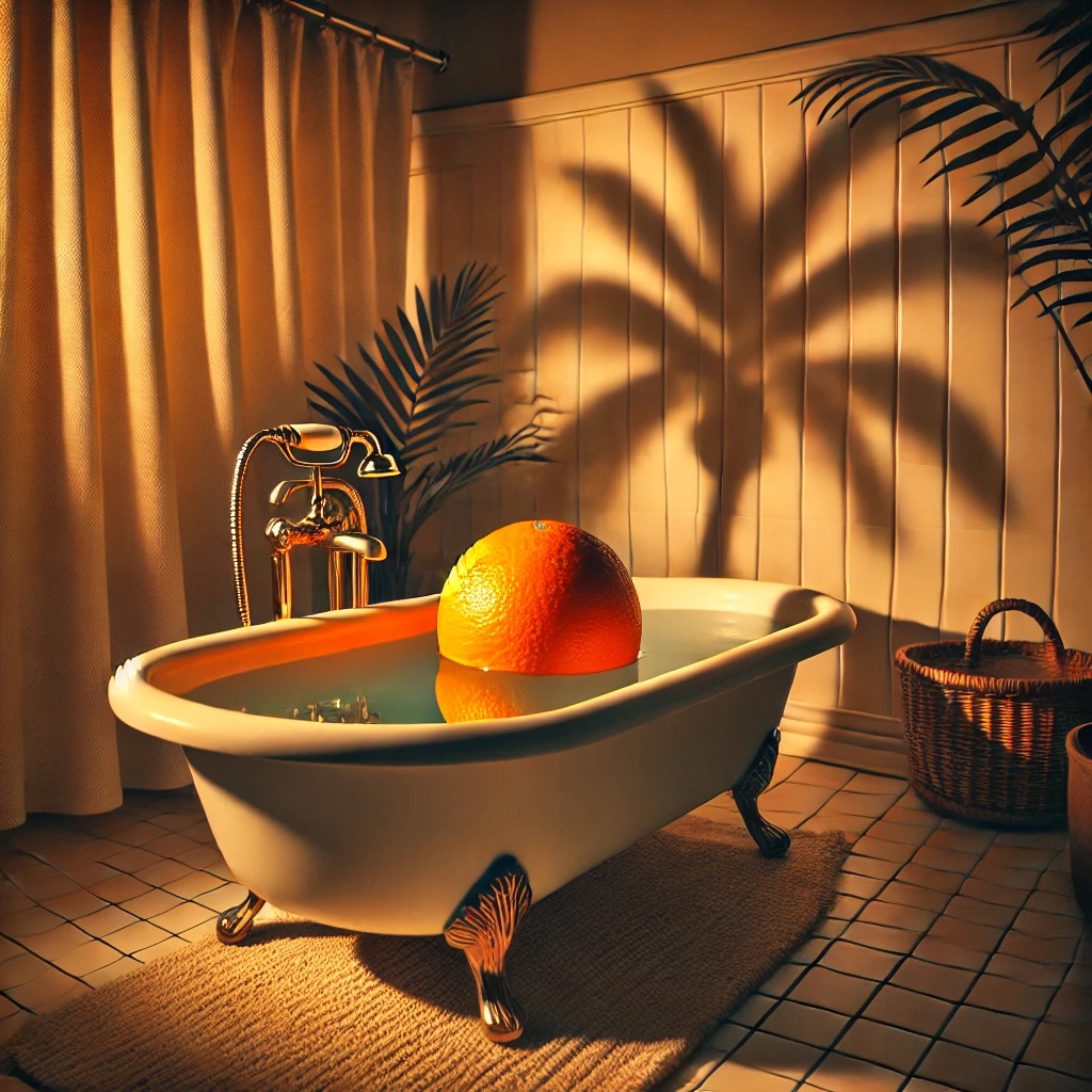 an orange floating in a bathtub